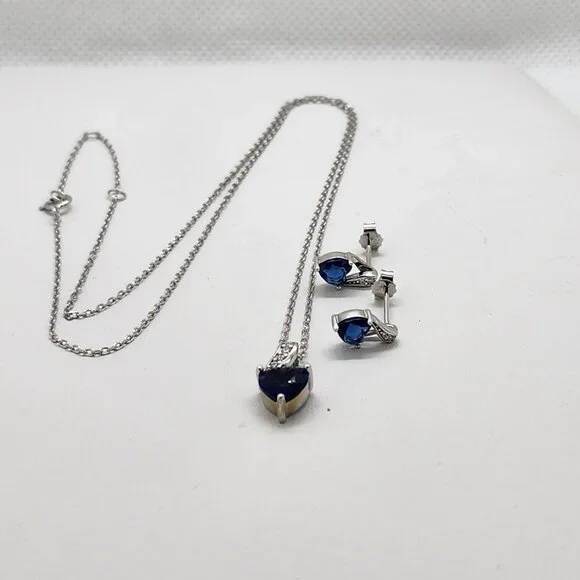 Brand New Sterling Silver 925 Blue Heart Gemstone 2pc Set - Picture 2 of 6